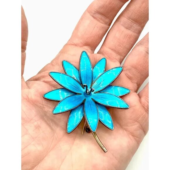 Rare Vtg HROAR PRYDZ Norway Blue Enamel Sterling Silver Flower Brooch Pendant - Picture 3 of 8